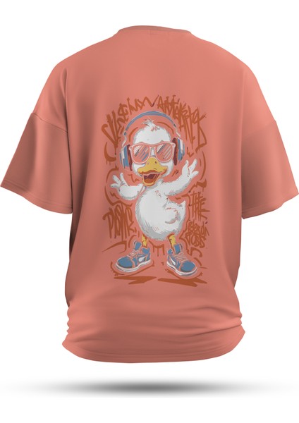 T-Shirt,Quack Beats Sırt Baskılı,Oversize, Pamuk,Somon T-Shirt No:00712