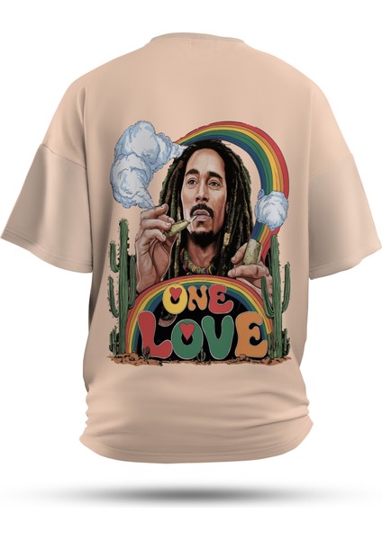 T-Shirt,One Love Sırt Baskılı,Oversize, Pamuk,Krem T-Shirt No:00708