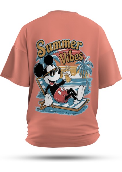 T-Shirt,Summer Vibes Sırt Baskılı,Oversize, Pamuk,Somon T-Shirt No:00703