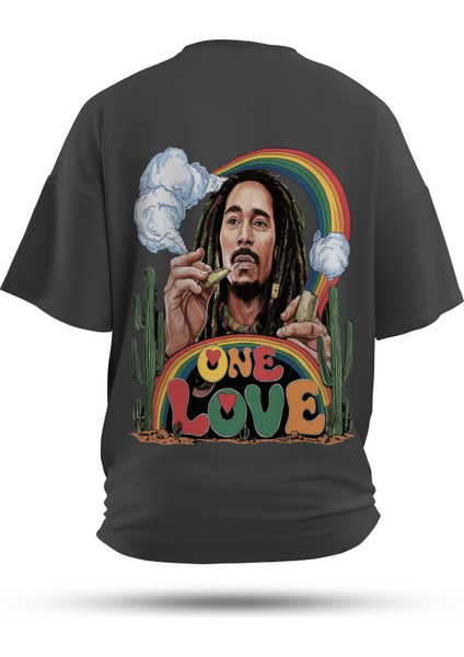 T-Shirt,One Love Sırt Baskılı,Oversize, Pamuk,Antrasit T-Shirt No:00708