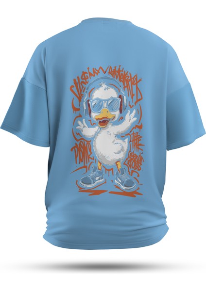 T-Shirt,Quack Beats Sırt Baskılı,Oversize, Pamuk,Mavi T-Shirt No:00712