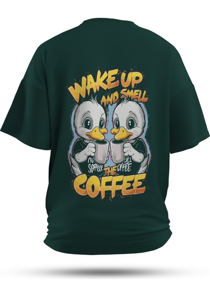 T-Shirt,Wake & Quack Sırt Baskılı,Regular, Pamuk,Yeşil T-Shirt No:00714