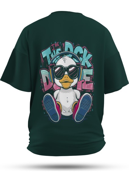 T-Shirt,Duck The Bass Sırt Baskılı,Oversize, Pamuk,Yeşil T-Shirt No:00713