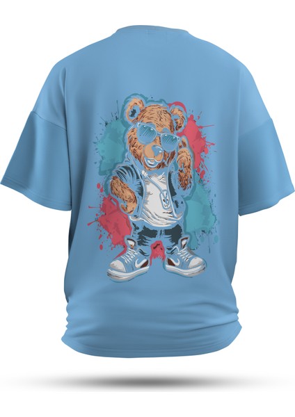 T-Shirt,Retro Riot Sırt Baskılı,Oversize, Pamuk,Mavi T-Shirt No:00710