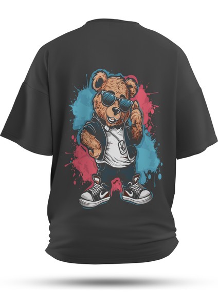T-Shirt,Retro Riot Sırt Baskılı,Oversize, Pamuk,Antrasit T-Shirt No:00710