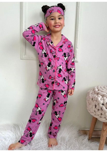 Pjkö Minnie Mause Desen Mor Uzun Kollu Önden Düğmeli Kız Çocuk Pijama Takımı 4-12 Yaş 543U-M