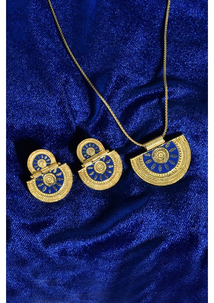 Otantik Model Gümüş Kadın Takı Set, Tamamı 925 Ayar, Küpe,kolye, Mavi Mineli