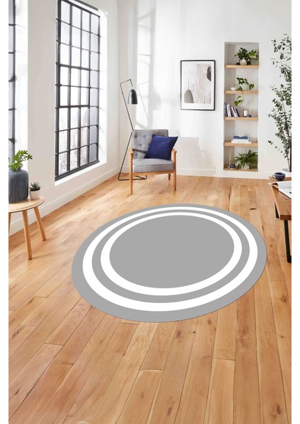 Çerçeveli Kenar Çizgi Motifli Yıkanabilir Kaymaz Yuvarlak Salon Halısı, Çerçeveli-Y-52-Gri,
