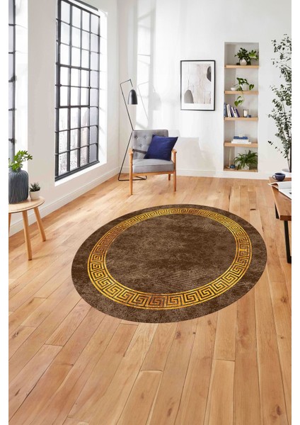 Çerçeveli Modern Baskılı Yıkanabilir Kaymaz Yuvarlak Salon Halısı, Çerçeveli-Y-99-Kahve,