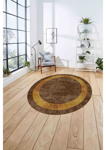 Çerçeveli Modern Baskılı Yıkanabilir Kaymaz Yuvarlak Salon Halısı, Çerçeveli-Y-99-Kahve, fırsatları