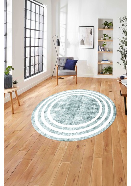 Çerçeveli Sade Çizgi Desenli Yıkanabilir Kaymaz Yuvarlak Salon Halısı, Çerçeveli-Y-53-Turkuaz,