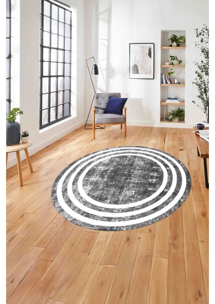 Çerçeveli Sade Çizgi Desenli Yıkanabilir Kaymaz Yuvarlak Salon Halısı, Çerçeveli-Y-53-Gri,