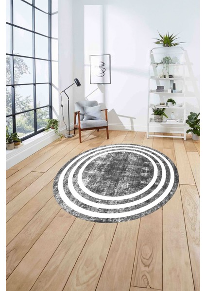 Çerçeveli Sade Çizgi Desenli Yıkanabilir Kaymaz Yuvarlak Salon Halısı, Çerçeveli-Y-53-Gri, fırsatları