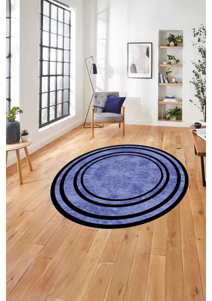 Çerçeveli Sade Düz Desenli Yıkanabilir Kaymaz Yuvarlak Salon Halısı, Çerçeveli-Y-59-Mavi,