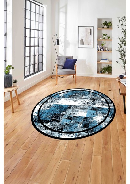 Çerçeveli Modern Dijital Baskılı Yıkanabilir Kaymaz Yuvarlak Salon Halısı, Çerçeveli-Y-77-Mavi,