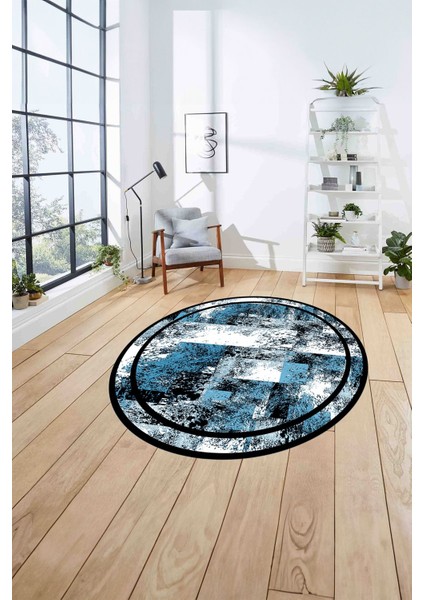 Çerçeveli Modern Dijital Baskılı Yıkanabilir Kaymaz Yuvarlak Salon Halısı, Çerçeveli-Y-77-Mavi, fırsatları