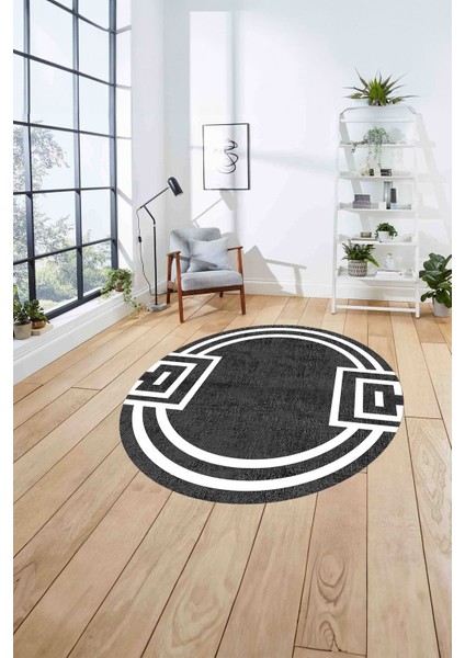 Çerçeveli Geometrik Desenli Yıkanabilir Kaymaz Yuvarlak Salon Halısı, Çerçeveli-Y-65-Antrasit, fırsatları