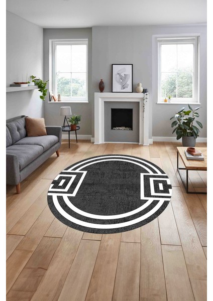 Çerçeveli Geometrik Desenli Yıkanabilir Kaymaz Yuvarlak Salon Halısı, Çerçeveli-Y-65-Antrasit, indirimleri
