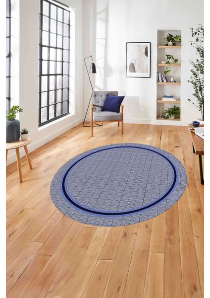 Çerçeveli Çizgi Detaylı Baskılı Yıkanabilir Kaymaz Yuvarlak Salon Halısı, Çerçeveli-Y-79-Mavi,