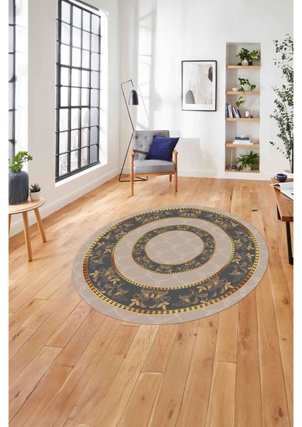 Çerçeveli Çiçek Motifli Yıkanabilir Kaymaz Yuvarlak Salon Halısı, Çerçeveli-Y-85-Gold,