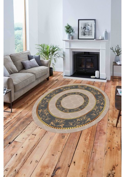 Çerçeveli Çiçek Motifli Yıkanabilir Kaymaz Yuvarlak Salon Halısı, Çerçeveli-Y-85-Gold, fiyatları