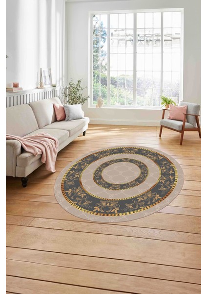 Çerçeveli Çiçek Motifli Yıkanabilir Kaymaz Yuvarlak Salon Halısı, Çerçeveli-Y-85-Gold, modelleri