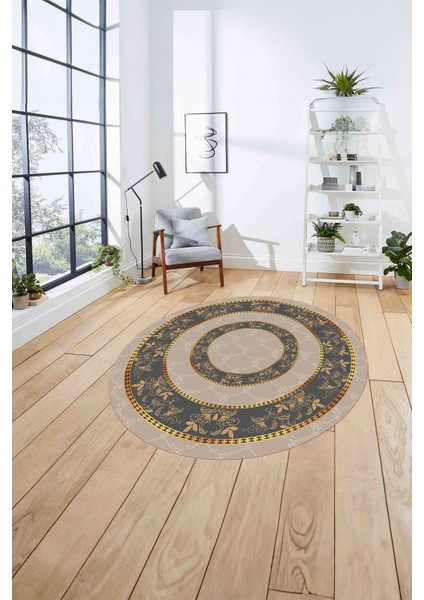 Çerçeveli Çiçek Motifli Yıkanabilir Kaymaz Yuvarlak Salon Halısı, Çerçeveli-Y-85-Gold, fırsatları