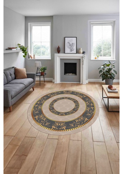 Çerçeveli Çiçek Motifli Yıkanabilir Kaymaz Yuvarlak Salon Halısı, Çerçeveli-Y-85-Gold, indirimleri