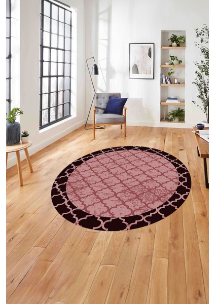 Çerçeveli Kupa Modelli Yıkanabilir Kaymaz Yuvarlak Salon Halısı, Çerçeveli-Y-74-Bordo,