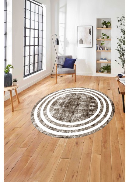Çerçeveli Sade Çizgi Desenli Yıkanabilir Kaymaz Yuvarlak Salon Halısı, Çerçeveli-Y-53-Kahve,