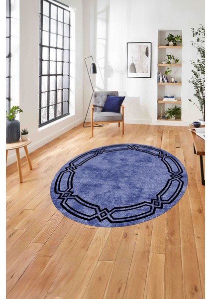 Çerçeveli Kenar Halka Modelli Yıkanabilir Kaymaz Yuvarlak Salon Halısı, Çerçeveli-Y-66-Lacivert,
