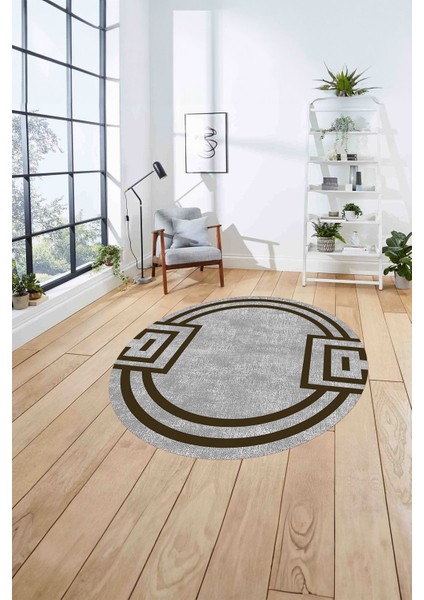 Çerçeveli Geometrik Desenli Yıkanabilir Kaymaz Yuvarlak Salon Halısı, Çerçeveli-Y-65-Kahve, fırsatları