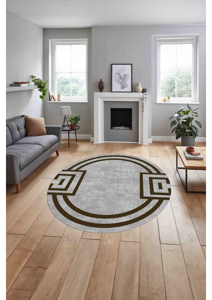 Çerçeveli Geometrik Desenli Yıkanabilir Kaymaz Yuvarlak Salon Halısı, Çerçeveli-Y-65-Kahve, indirimleri