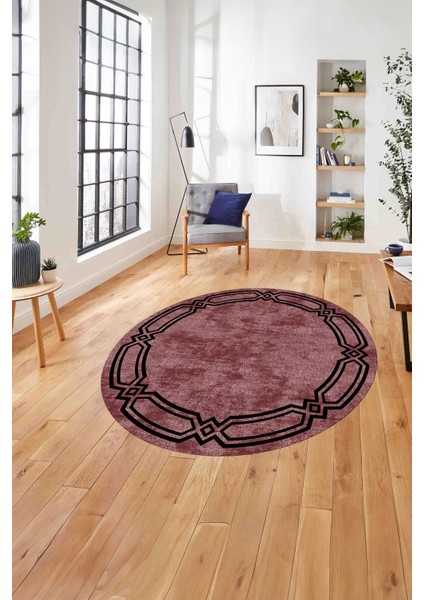 Çerçeveli Kenar Halka Modelli Yıkanabilir Kaymaz Yuvarlak Salon Halısı, Çerçeveli-Y-66-Bordo,