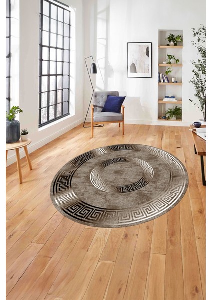 Çerçeveli Modern Göbekli Desen Yıkanabilir Kaymaz Yuvarlak Salon Halısı, ÇERÇEVELİ-Y-111-KAHVE,