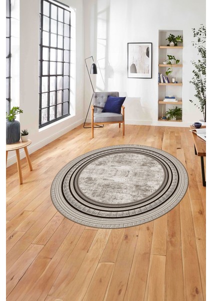 Çerçeveli Kenar Geometrik Model Yıkanabilir Kaymaz Yuvarlak Salon Halısı, Çerçeveli-Y-72-Kahve,