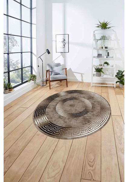 Çerçeveli Modern Göbekli Desen Yıkanabilir Kaymaz Yuvarlak Salon Halısı, ÇERÇEVELİ-Y-111-KAHVE, fırsatları