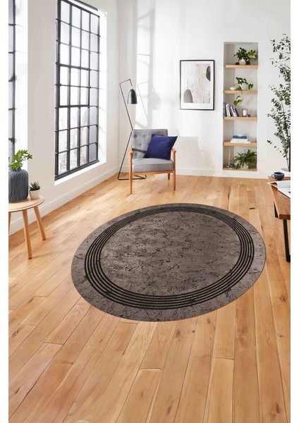 Çerçeveli Sade Mermer Desenli Yıkanabilir Kaymaz Yuvarlak Salon Halısı, ÇERÇEVELİ-Y-105-VİZON,