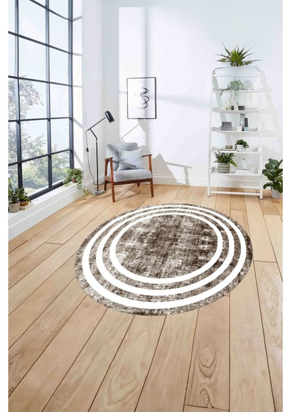 Çerçeveli Sade Çizgi Desenli Yıkanabilir Kaymaz Yuvarlak Salon Halısı, Çerçeveli-Y-53-Kahve, fırsatları