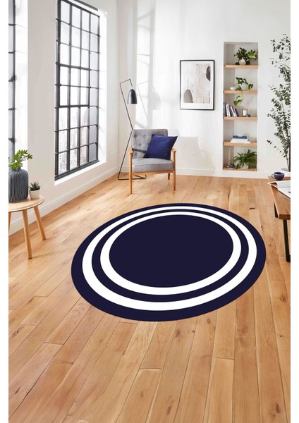 Çerçeveli Kenar Çizgi Motifli Yıkanabilir Kaymaz Yuvarlak Salon Halısı, Çerçeveli-Y-52-Lacivert,