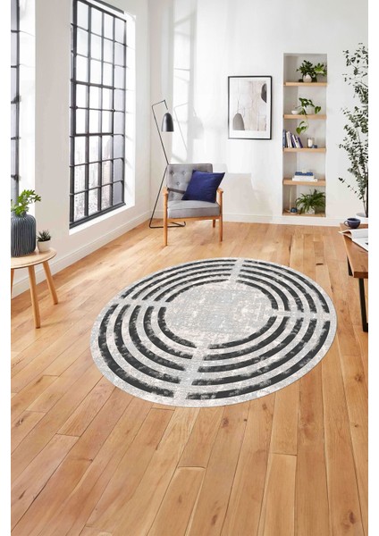 Çerçeveli Sade Dikdörtgen Çizgili Yıkanabilir Kaymaz Yuvarlak Salon Halısı, Çerçeveli-Y-51-Gri,