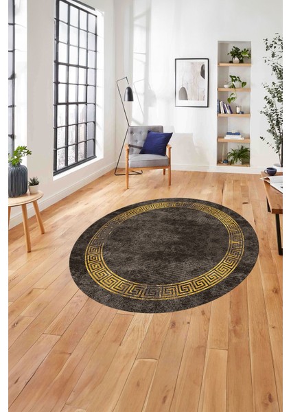 Çerçeveli Modern Baskılı Yıkanabilir Kaymaz Yuvarlak Salon Halısı, Çerçeveli-Y-99-Gold,