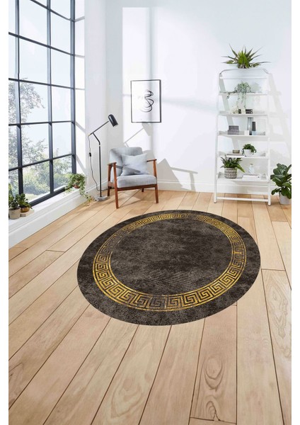 Çerçeveli Modern Baskılı Yıkanabilir Kaymaz Yuvarlak Salon Halısı, Çerçeveli-Y-99-Gold, fırsatları
