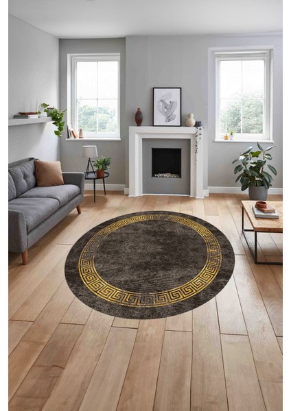 Çerçeveli Modern Baskılı Yıkanabilir Kaymaz Yuvarlak Salon Halısı, Çerçeveli-Y-99-Gold, indirimleri