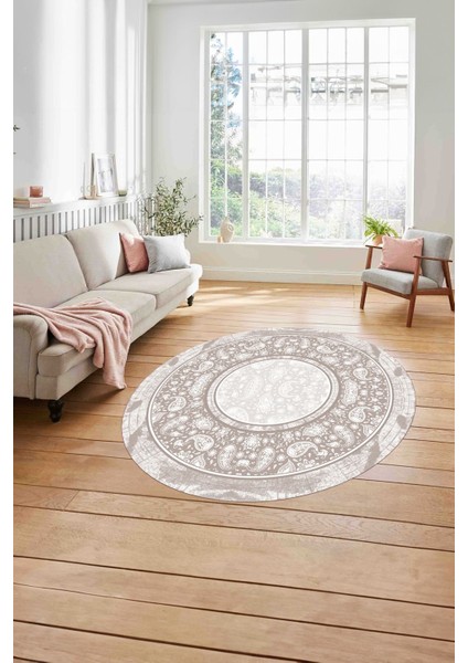 Çerçeveli Desen Motifli Yıkanabilir Kaymaz Yuvarlak Salon Halısı, Çerçeveli-Y-86-Bej, modelleri