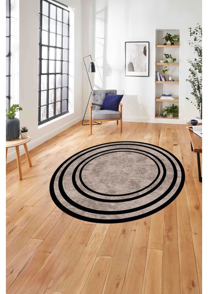 Çerçeveli Sade Düz Desenli Yıkanabilir Kaymaz Yuvarlak Salon Halısı, Çerçeveli-Y-59-Bej,