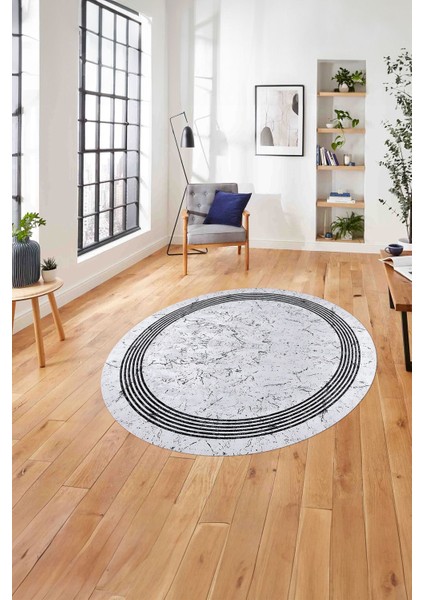 Çerçeveli Sade Mermer Desenli Yıkanabilir Kaymaz Yuvarlak Salon Halısı, ÇERÇEVELİ-Y-105-GRİ,