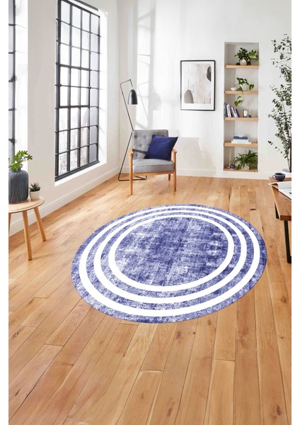 Çerçeveli Sade Çizgi Desenli Yıkanabilir Kaymaz Yuvarlak Salon Halısı, Çerçeveli-Y-53-Lacivert,