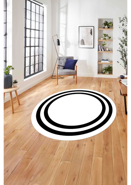 Çerçeveli Kenar Çizgi Motifli Yıkanabilir Kaymaz Yuvarlak Salon Halısı, Çerçeveli-Y-52-Beyaz,