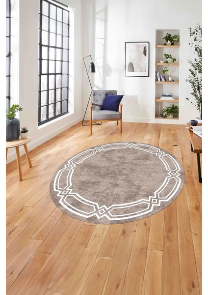 Çerçeveli Kenar Halka Modelli Yıkanabilir Kaymaz Yuvarlak Salon Halısı, Çerçeveli-Y-66-Bej-Beyaz,